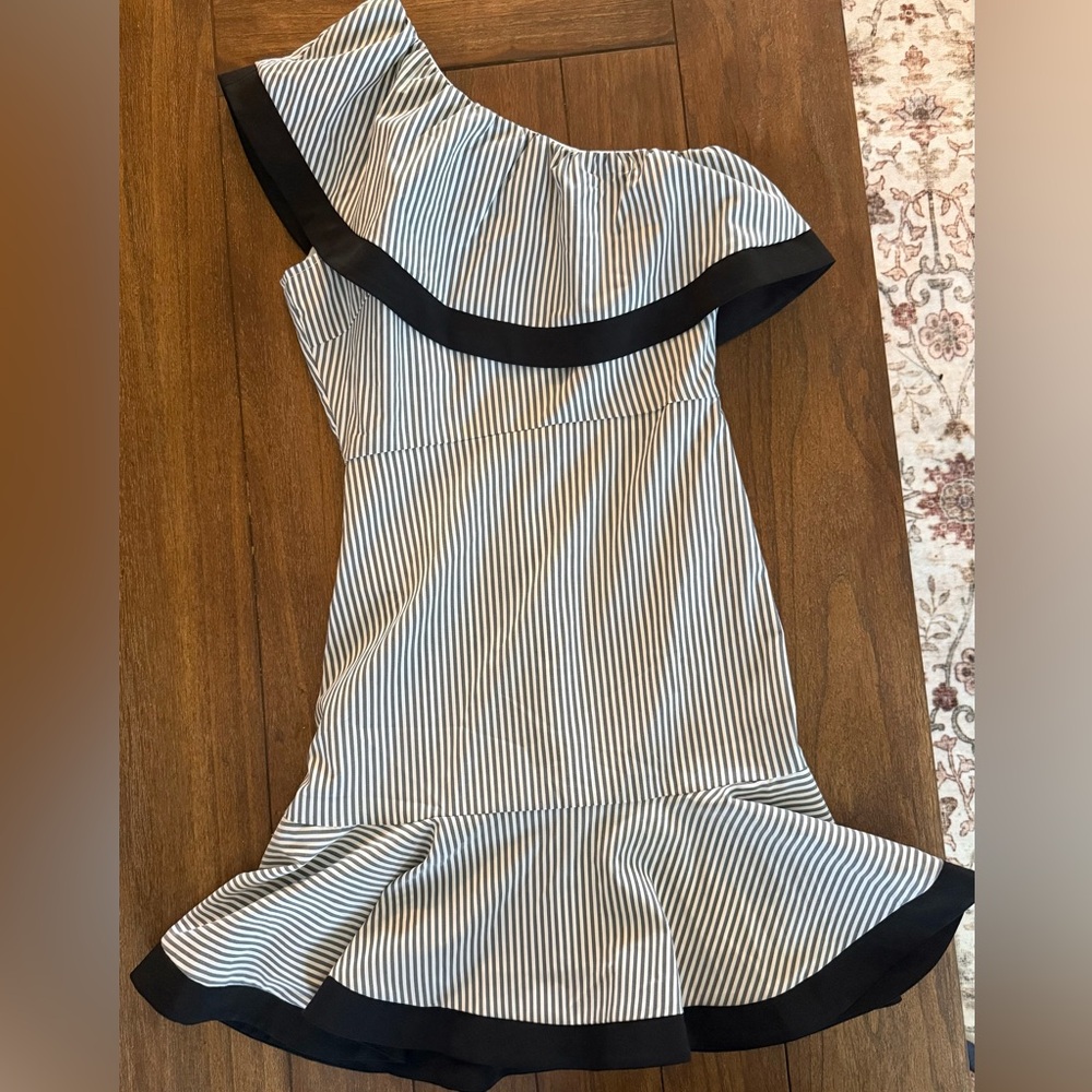 Lucy Paris Striped One-Shoulder Ruffle Hem Dress in Black and White